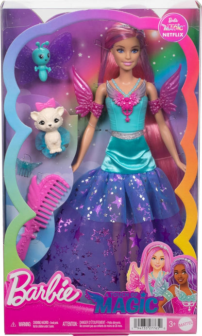 Barbie Muñeca Malibú Hada con Dos Mascotas fantasía, Pelo Rosa, Accesorios para peinar, alas y Vestido de Estrellas, de la Serie Un Toque de Magia, Juguete +3 años (JCW48