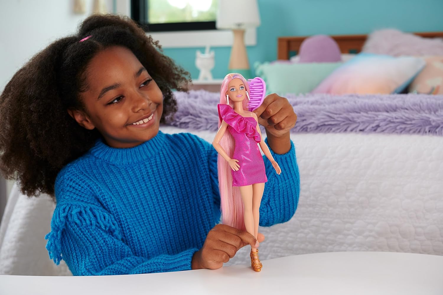 Barbie Doll, Fun & Fancy Hair with Extra-Long Colorful Blonde Hair and Glossy Pink Dress, 10 Hair and Fashion Play Accessories, JDC85