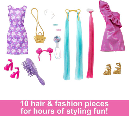 Barbie Doll, Fun & Fancy Hair with Extra-Long Colorful Blonde Hair and Glossy Pink Dress, 10 Hair and Fashion Play Accessories, JDC85