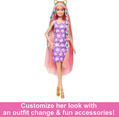 Barbie Doll, Fun & Fancy Hair with Extra-Long Colorful Blonde Hair and Glossy Pink Dress, 10 Hair and Fashion Play Accessories, JDC85
