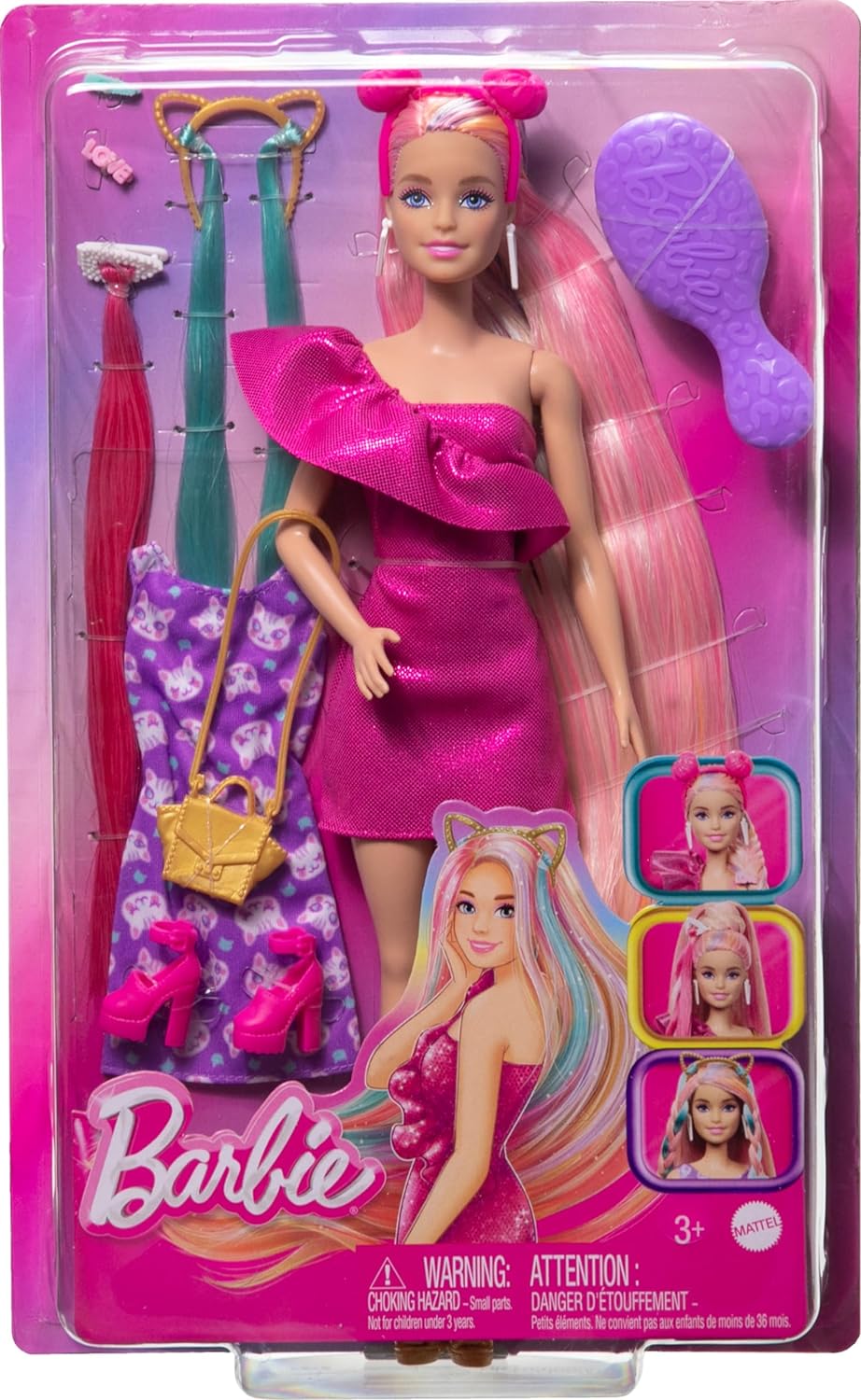 Barbie Doll, Fun & Fancy Hair with Extra-Long Colorful Blonde Hair and Glossy Pink Dress, 10 Hair and Fashion Play Accessories, JDC85