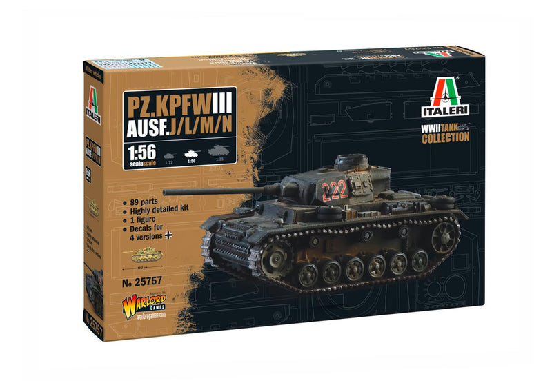 Italeri 25757 Pz.Kpfw. III Ausf. J/L/M/N, standing model building, crafts, hobby, gluing, plastic, detailed military kit, tank 1:56