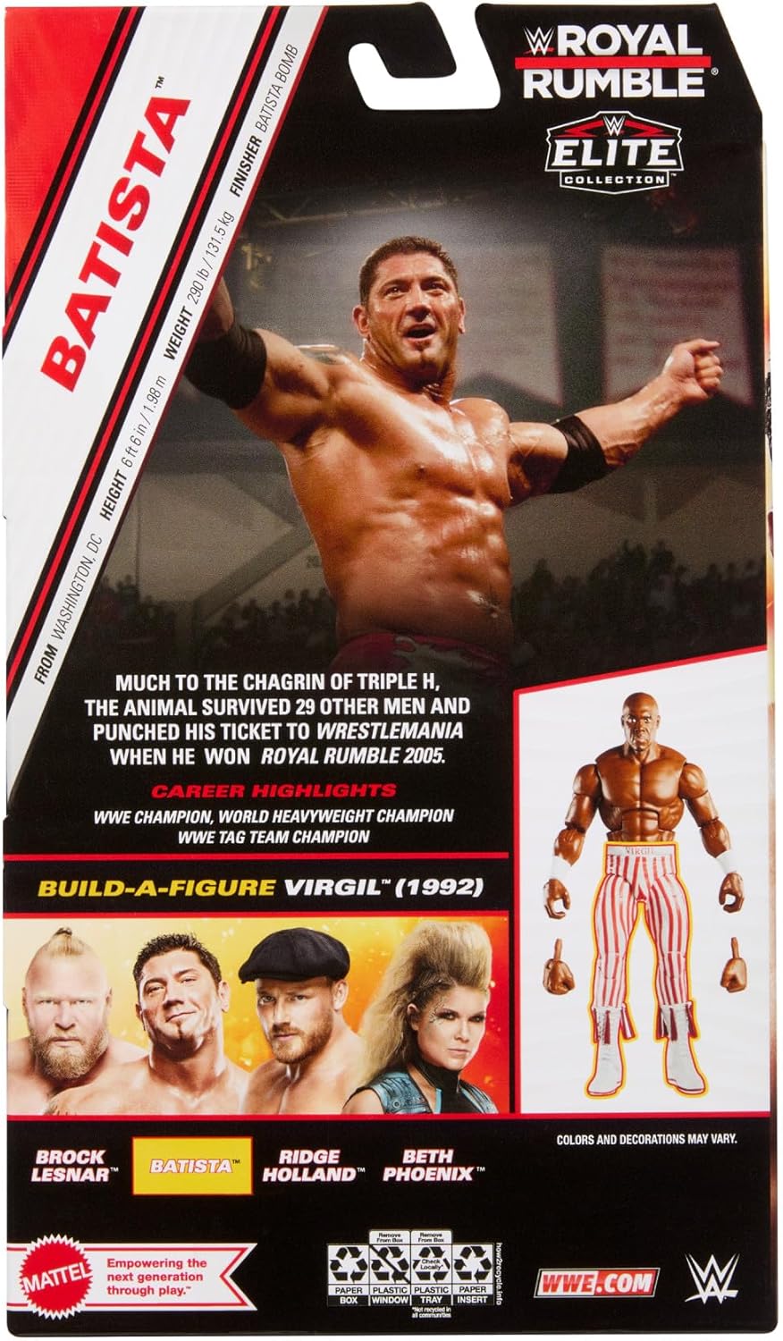 Mattel WWE Elite Collection Action Figure Royal Rumble Batista with Accessory and Virgil Build-A-Figure Parts, HVF79