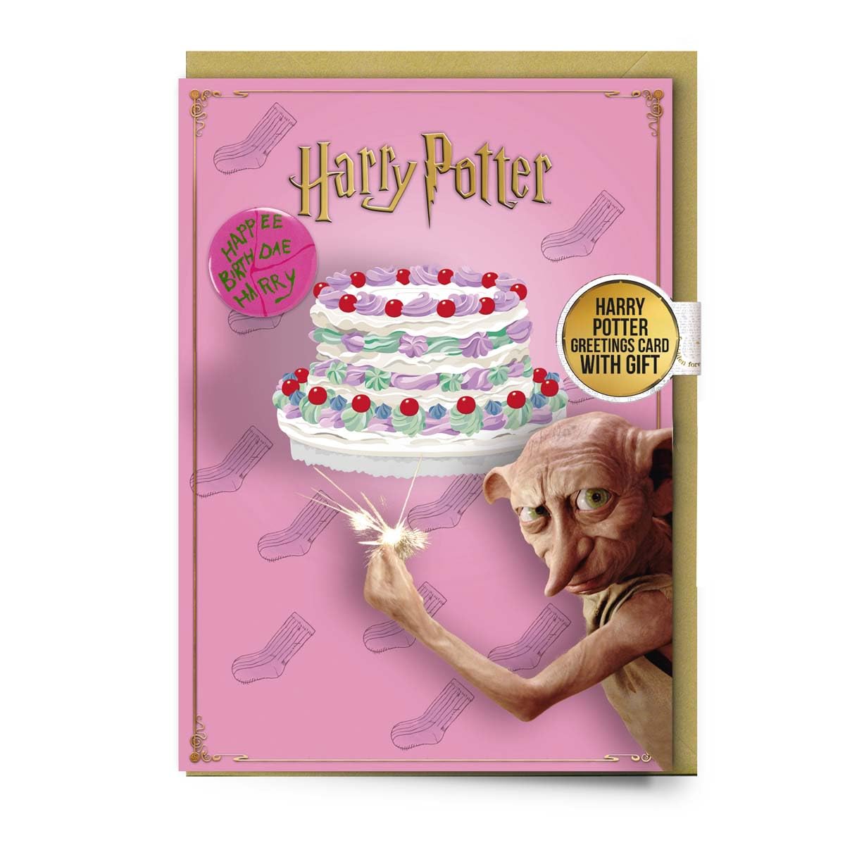 Harry Potter Dobby Happy Birthday Cake Greetings Card with Button Badge