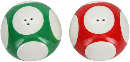 Super Mario Brothers Mushroom Salt and Pepper Shakers Officially Licensed Nintendo Red & Green 1-Up Ceramic Set for Kitchen & Home Decor, Housewarming Gift for Movie and Gaming Fans | Paladone