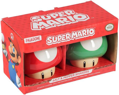 Super Mario Brothers Mushroom Salt and Pepper Shakers Officially Licensed Nintendo Red & Green 1-Up Ceramic Set for Kitchen & Home Decor, Housewarming Gift for Movie and Gaming Fans | Paladone