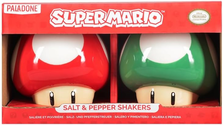 Super Mario Brothers Mushroom Salt and Pepper Shakers Officially Licensed Nintendo Red & Green 1-Up Ceramic Set for Kitchen & Home Decor, Housewarming Gift for Movie and Gaming Fans | Paladone