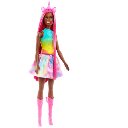 Barbie Muñeca Morena Unicornio con Pelo Extra Largo Rosa, Conjunto arcoíris y Accesorios para peinar, de la Serie Un Toque de Magia, Juguete +3 años (Mattel HRR01