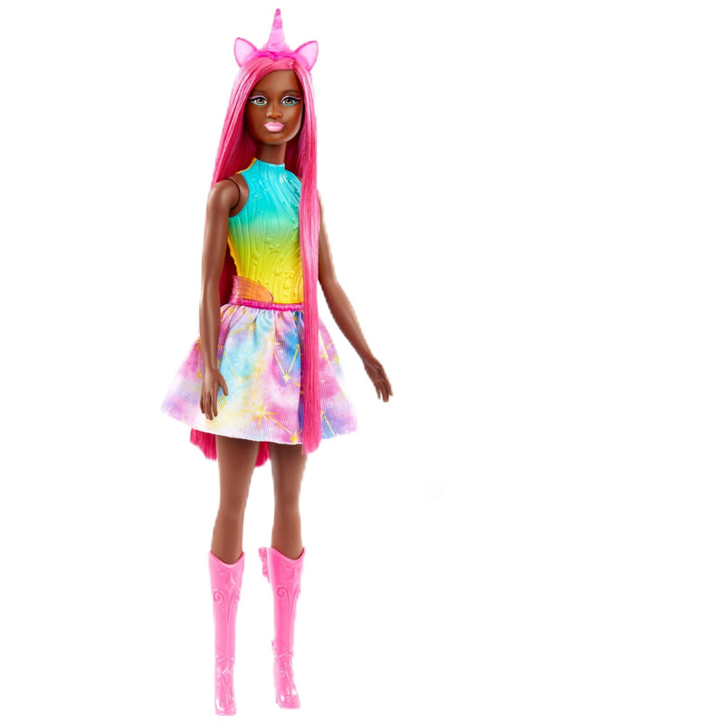 Barbie Muñeca Morena Unicornio con Pelo Extra Largo Rosa, Conjunto arcoíris y Accesorios para peinar, de la Serie Un Toque de Magia, Juguete +3 años (Mattel HRR01