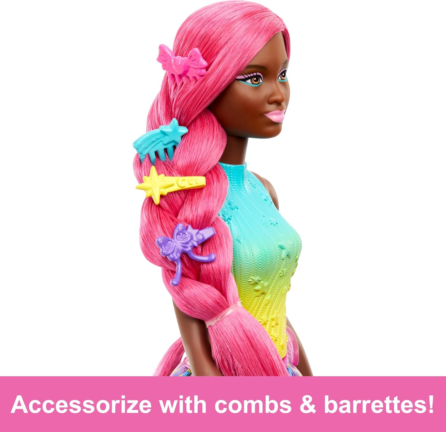 Barbie Muñeca Morena Unicornio con Pelo Extra Largo Rosa, Conjunto arcoíris y Accesorios para peinar, de la Serie Un Toque de Magia, Juguete +3 años (Mattel HRR01