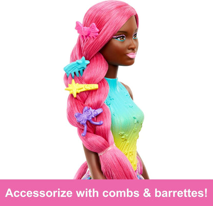 Barbie Muñeca Morena Unicornio con Pelo Extra Largo Rosa, Conjunto arcoíris y Accesorios para peinar, de la Serie Un Toque de Magia, Juguete +3 años (Mattel HRR01