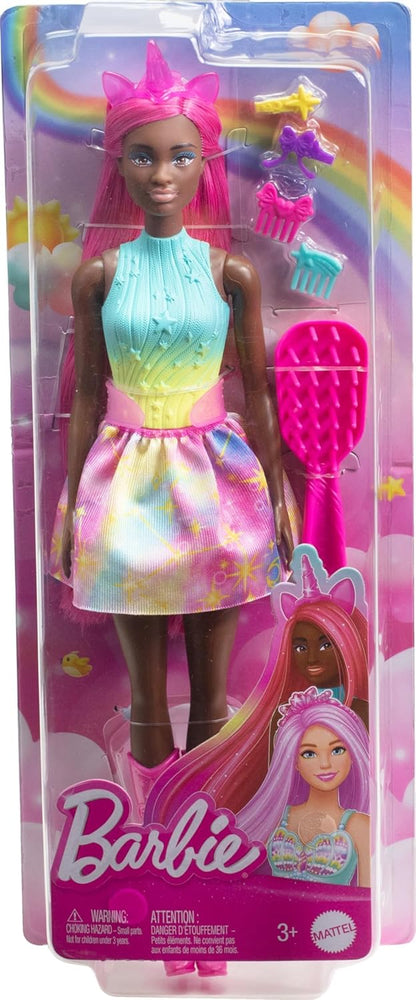 Barbie Muñeca Morena Unicornio con Pelo Extra Largo Rosa, Conjunto arcoíris y Accesorios para peinar, de la Serie Un Toque de Magia, Juguete +3 años (Mattel HRR01