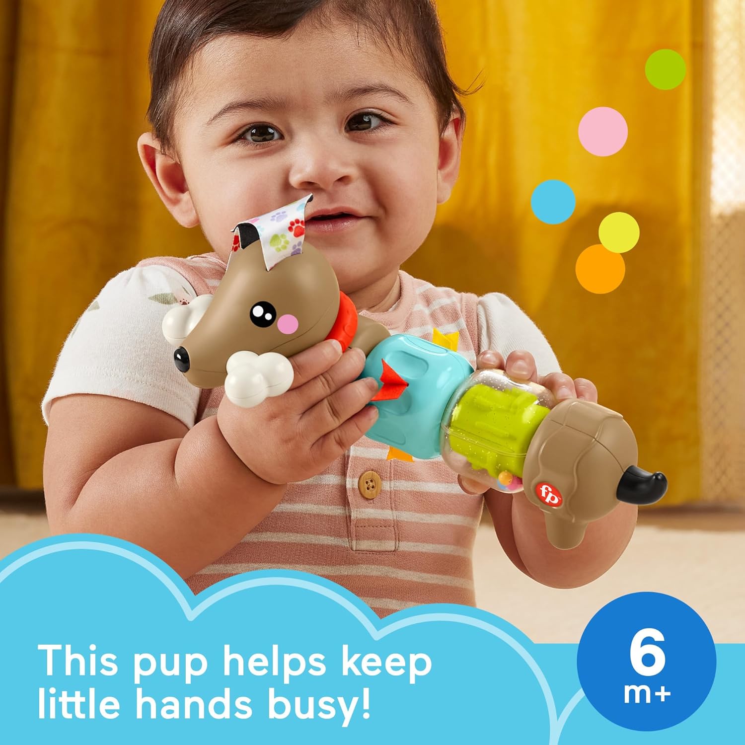 Fisher-Price Baby Sensory Toy FP Pets Click & Spin Activity Pup with Fine Motor Activities for Infants Ages 6+ Months, HTW91