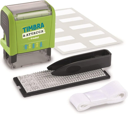 Trodat Timbra & Attacca, Set Componibile per Tessuti, Serie di Caratteri e Numeri, Pinzetta, Etichette e Nastro Termoadesivo, per Contrassegnare Vestiti e Oggetti