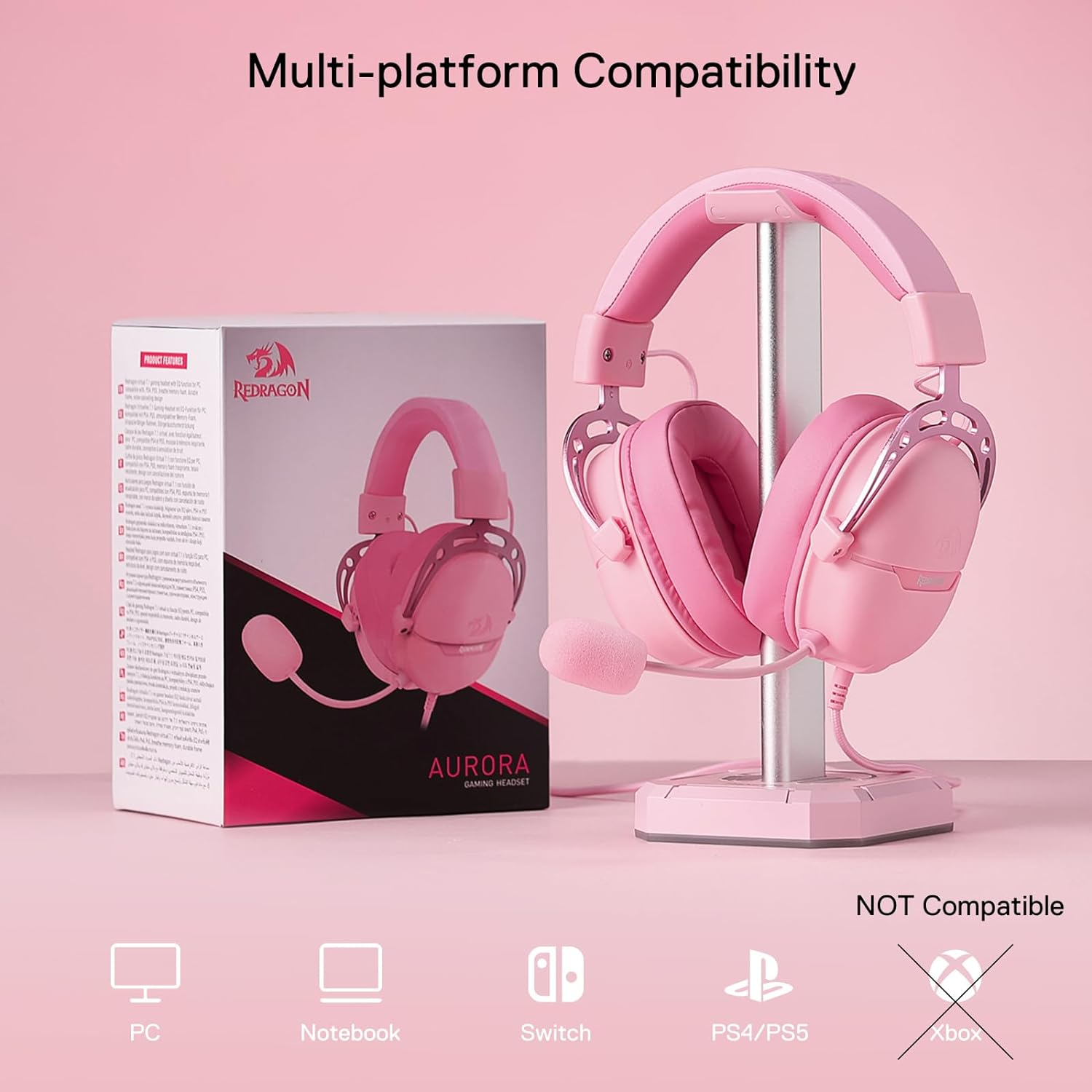 Redragon H376 Aurora Wired Gaming Headset, Virtual 7.1 Surround Sound, 40mm Drivers, in-line Control with EQ Mode, Over-Ear Headphones Works for PC/PS5/XBOX/NS, Pink