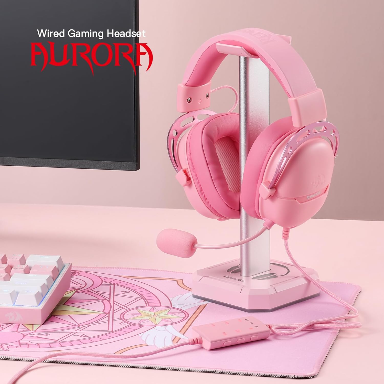 Redragon H376 Aurora Wired Gaming Headset, Virtual 7.1 Surround Sound, 40mm Drivers, in-line Control with EQ Mode, Over-Ear Headphones Works for PC/PS5/XBOX/NS, Pink