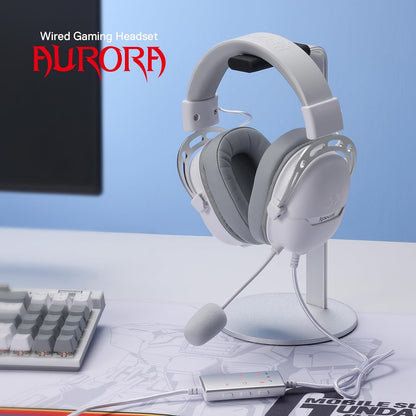 Redragon H376 Aurora Wired Gaming Headset, Virtual 7.1 Surround Sound, 40mm Drivers, in-line Control with EQ Mode, Over-Ear Headphones Works for PC/PS5/XBOX/NS, White
