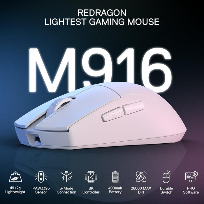 Redragon M916 PRO 3-Mode Wireless Gaming Mouse, 49G Ultra-Light 26K DPI Gamer Mouse w/Ergonomic Natural Grip Build, Full Programmable Buttons, Software Supports DIY Keybinds & DPI