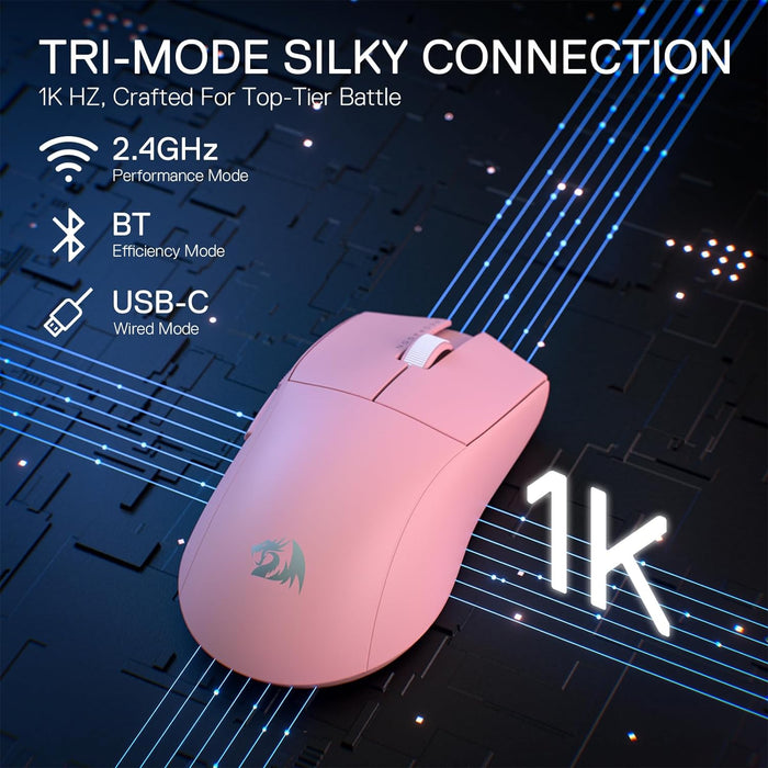 Redragon M916 PRO 3-Mode Wireless Gaming Mouse, 49G Ultra-Light 26K DPI Gamer Mouse w/Ergonomic Natural Grip Build, Full Programmable Buttons, Software Supports DIY Keybinds & DPI (1K Hz, Pink