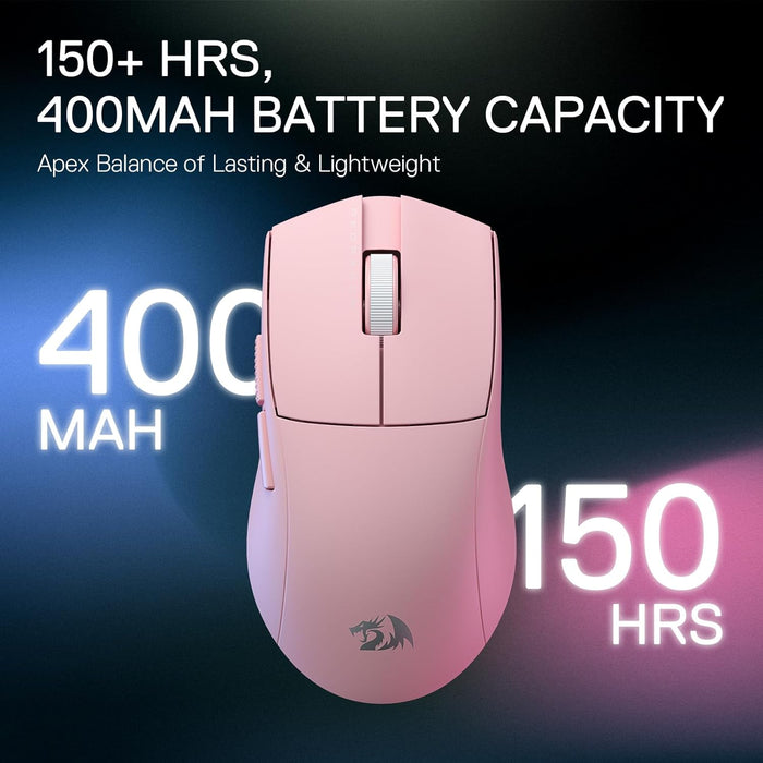 Redragon M916 PRO 3-Mode Wireless Gaming Mouse, 49G Ultra-Light 26K DPI Gamer Mouse w/Ergonomic Natural Grip Build, Full Programmable Buttons, Software Supports DIY Keybinds & DPI (1K Hz, Pink