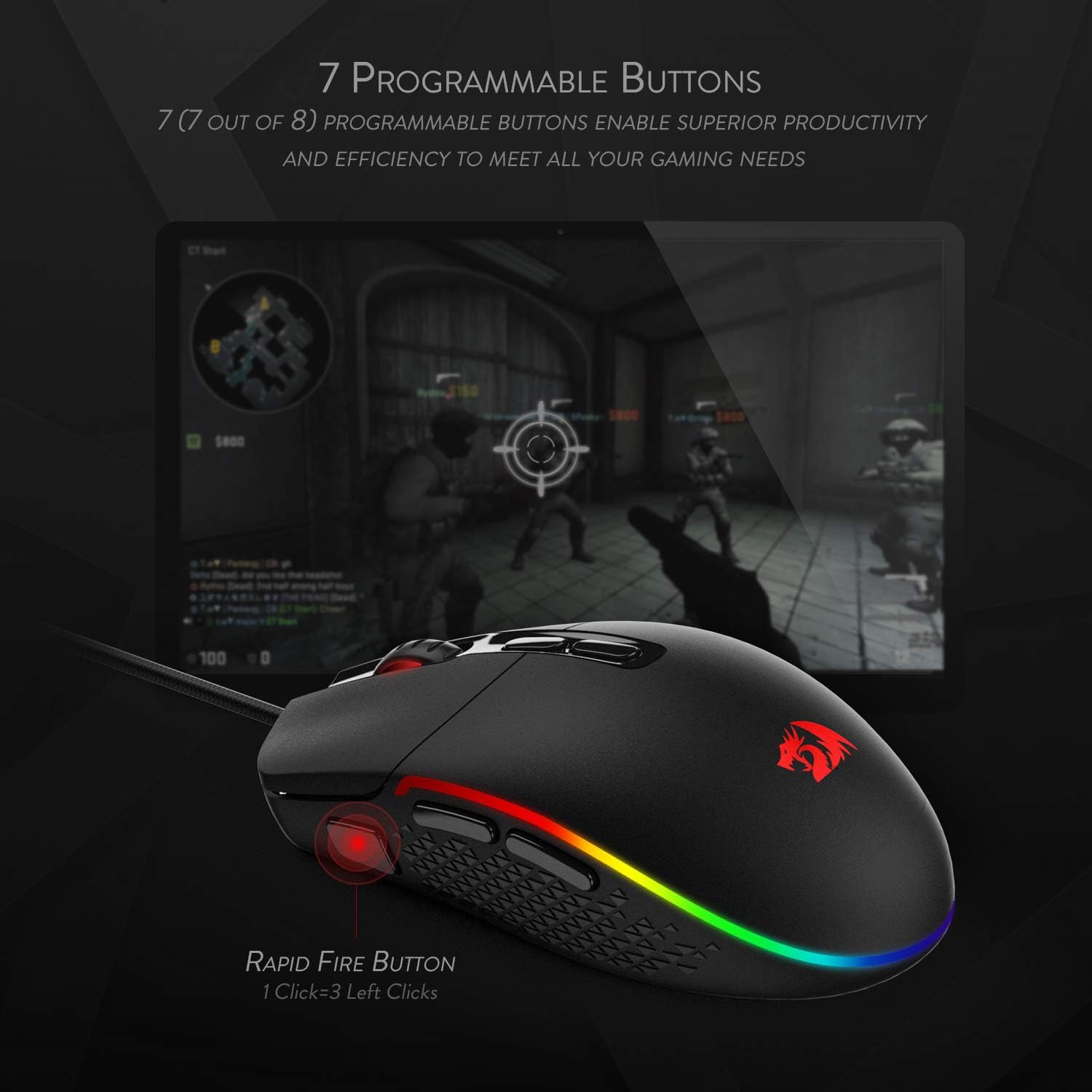 Redragon M719 Invader Wired Optical Gaming Mouse, 7 Programmable Buttons, RGB Backlit, 10,000 DPI, Ergonomic PC Computer Gaming Mice with Fire Button