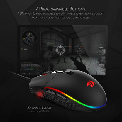 Redragon M719 Invader Wired Optical Gaming Mouse, 7 Programmable Buttons, RGB Backlit, 10,000 DPI, Ergonomic PC Computer Gaming Mice with Fire Button