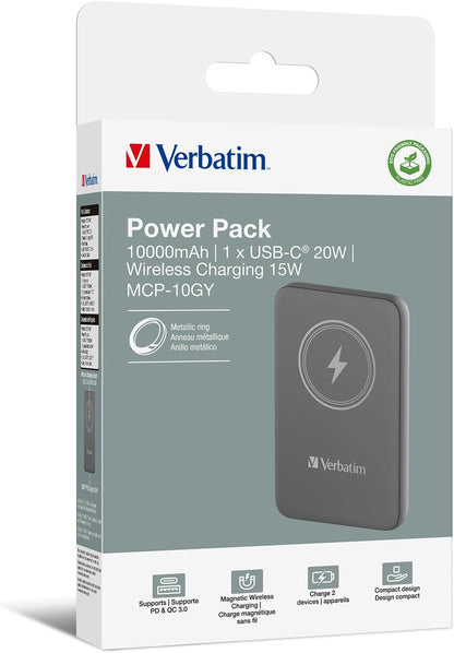Charge 'n' Go Magnetic Wireless Power Bank 10000 Grey