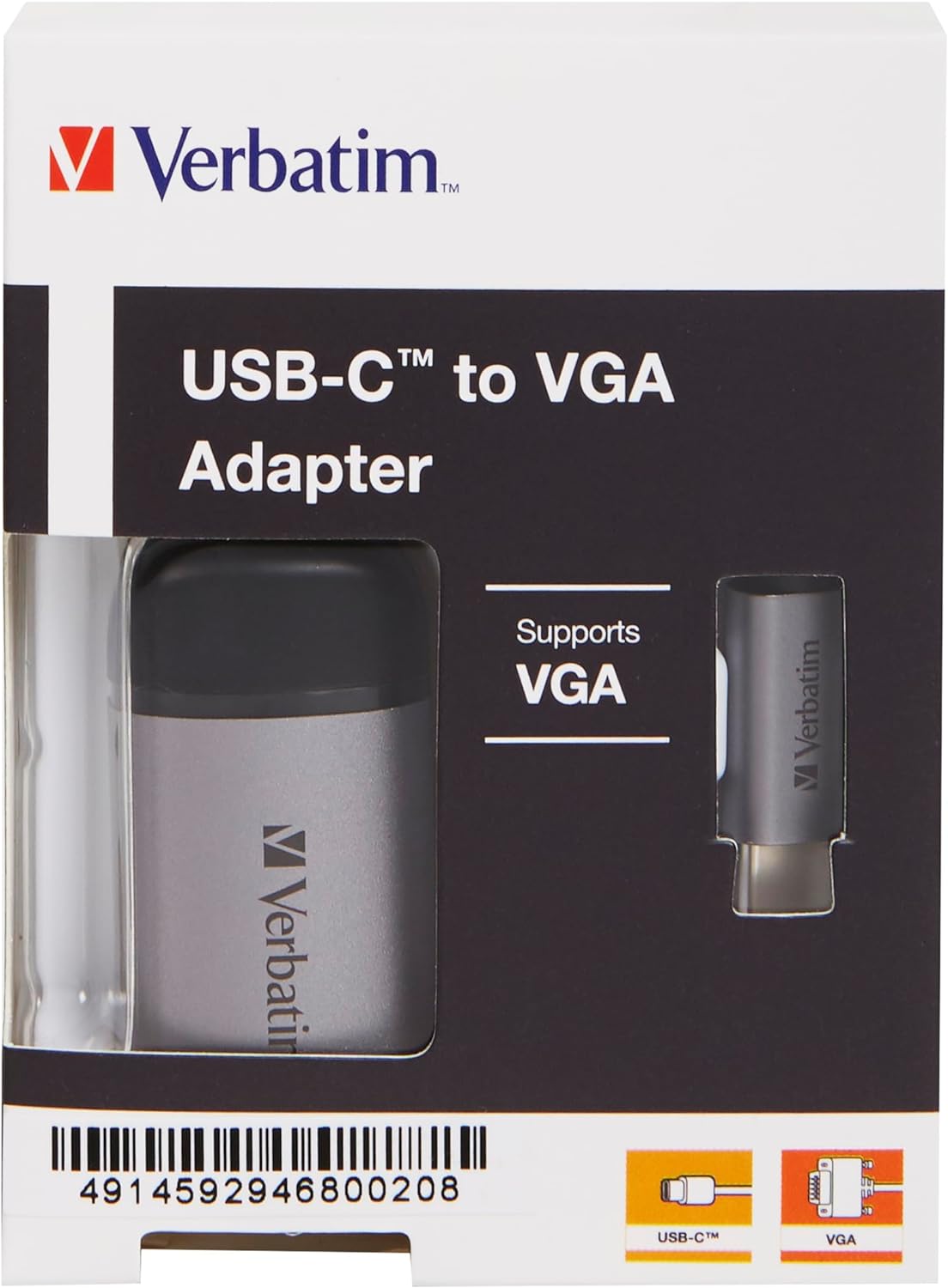 Verbatim USB-C to VGA Adapter - For Connecting USB-C Laptops and MacBooks to VGA Displays, Includes 10 cm USB-C Cable, silver