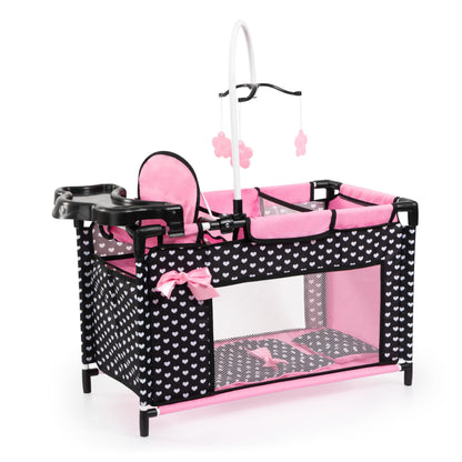 Bayer Design 62660AA Poppenbed met geïntegreerde kinderstoel, kastcompartiment, mobiel, kussen, dekbed, zwart, roze