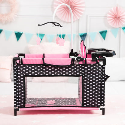 Bayer Design 62660AA Poppenbed met geïntegreerde kinderstoel, kastcompartiment, mobiel, kussen, dekbed, zwart, roze