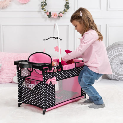 Bayer Design 62660AA Poppenbed met geïntegreerde kinderstoel, kastcompartiment, mobiel, kussen, dekbed, zwart, roze