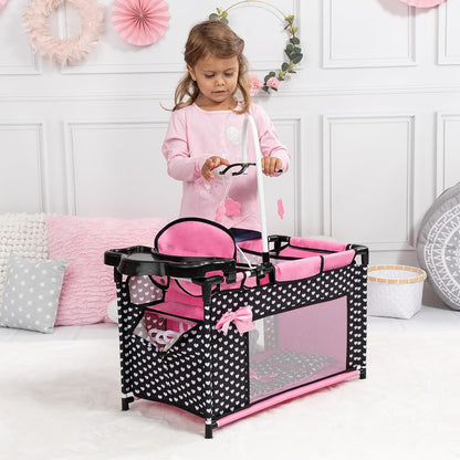 Bayer Design 62660AA Poppenbed met geïntegreerde kinderstoel, kastcompartiment, mobiel, kussen, dekbed, zwart, roze