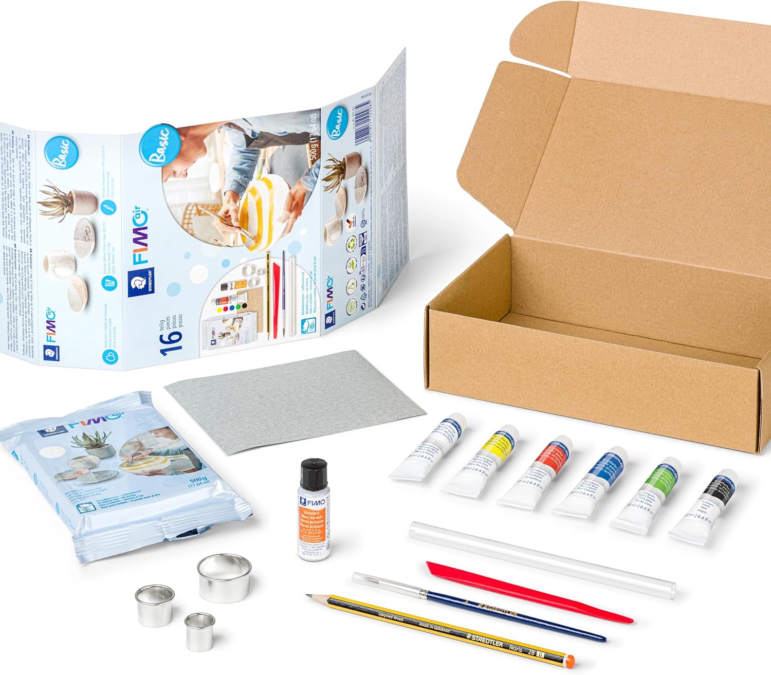 STAEDTLER 81 Set 01 FIMOair Luchtdrogende Boetseerklei - Basisset met modelleergereedschap en accessoires (set van 16 stuks, inclusief 500 g kleiblok