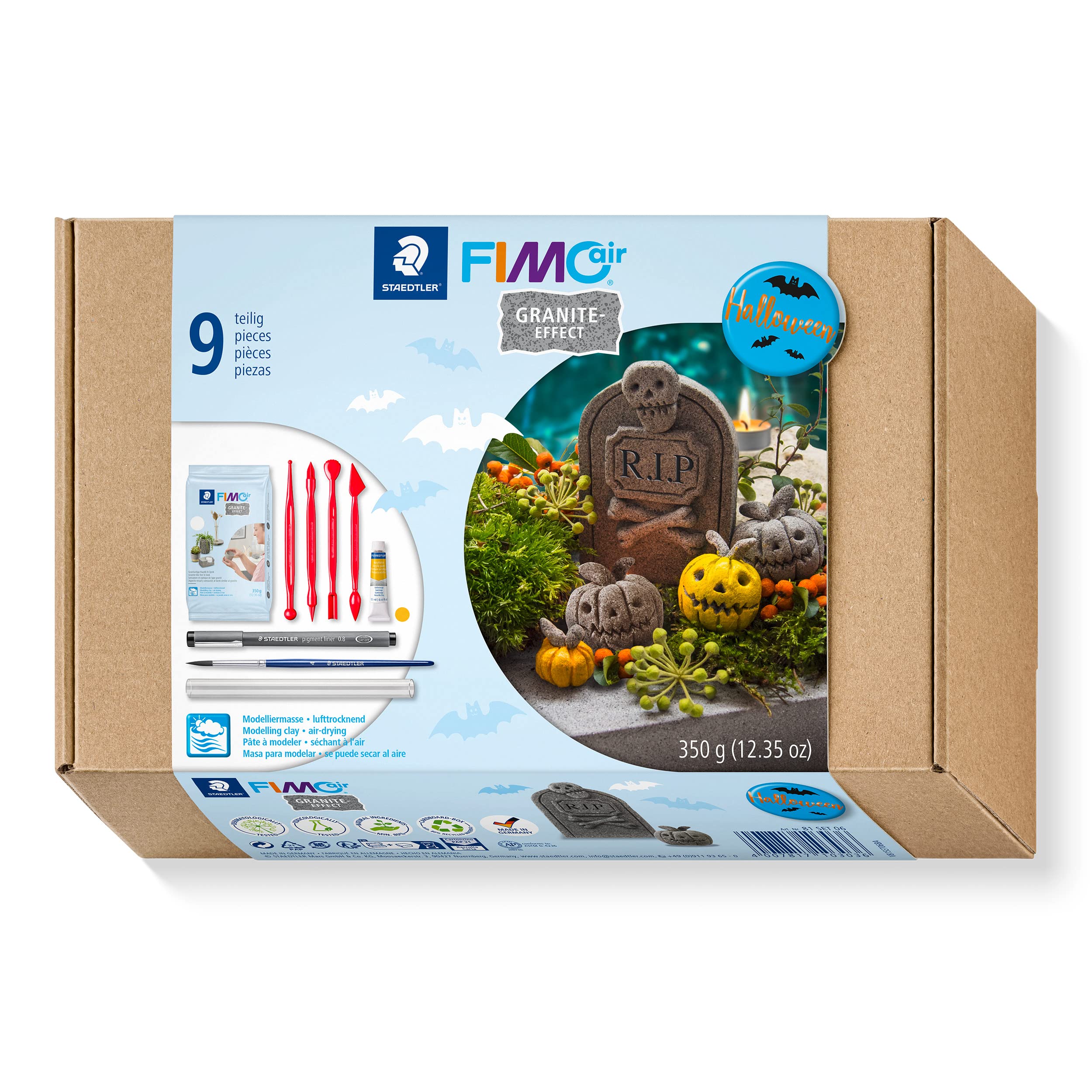 STAEDTLER 81 Set 06 FIMOair Air-Drying Modelling Clay - Halloween Decoration Craft Set with Modelling Tools and Accessories (Set of 9 Pieces, Including 350g Granite-Effect Clay Block