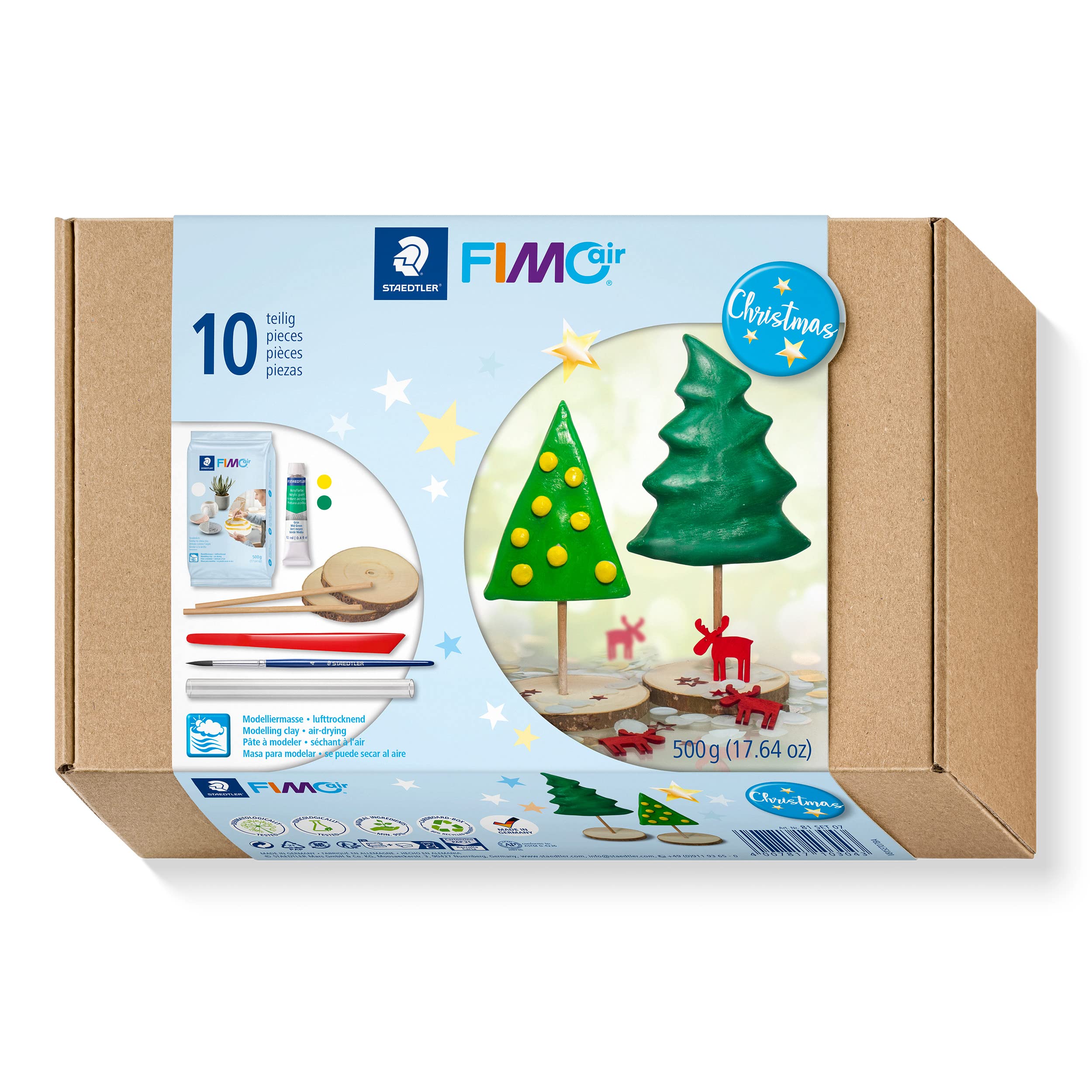STAEDTLER 81 Set 07 FIMOair Air-Drying Modelling Clay - Christmas Decoration Craft Set with Modelling Tools and Accessories (Set of 16 Pieces, Including 500g Clay Block & Paint