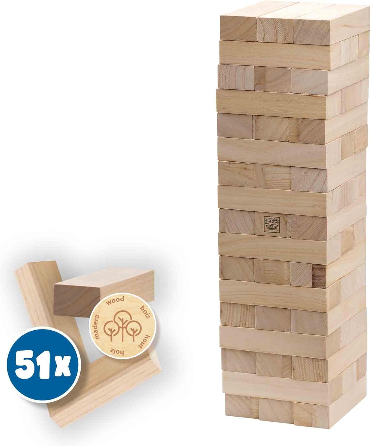 SES Creative 02313 - Tumbling tower XXL, big wooden blocks, fun skill game for children 5 years
