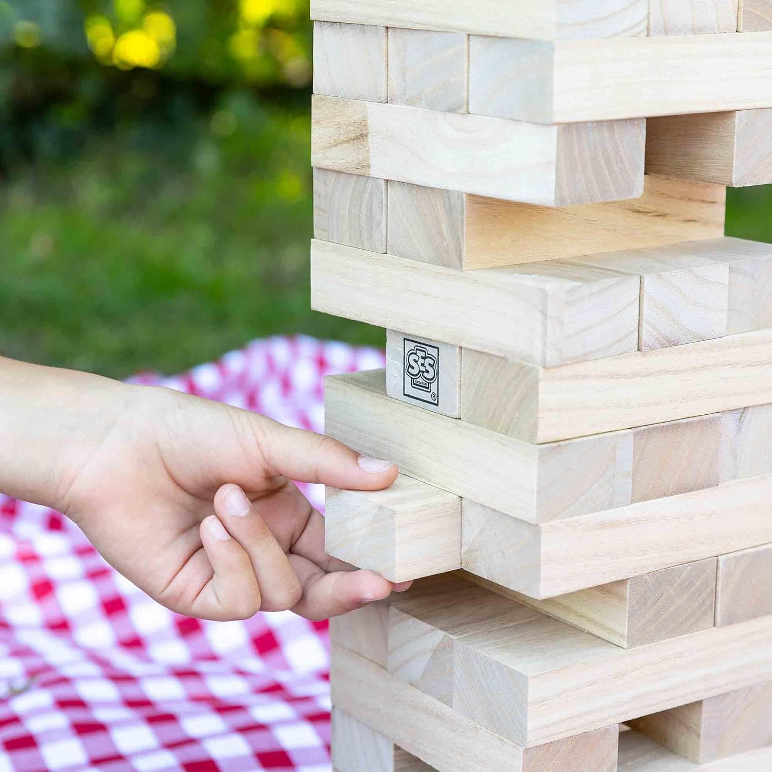SES Creative 02313 - Tumbling tower XXL, big wooden blocks, fun skill game for children 5 years