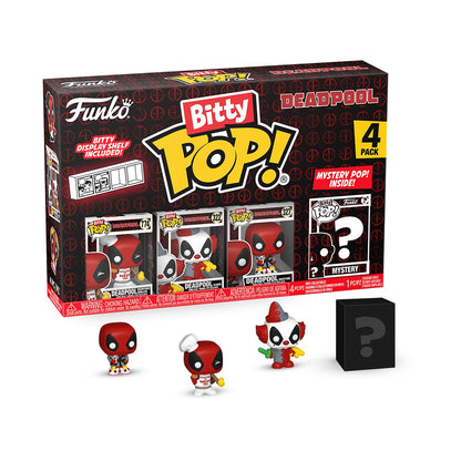 Funko Bitty Pop! Deadpool (Backyard Griller), Deadpool (Clown), Deadpool (Bedtime), and a mystery Bitty Pop! figure - 0.9 Inch (2.2 Cm) Collectable - Stackable Display Shelf Included