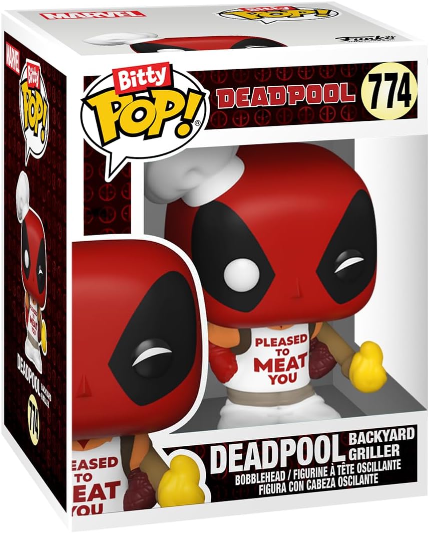 Funko Bitty Pop! Deadpool (Backyard Griller), Deadpool (Clown), Deadpool (Bedtime), and a mystery Bitty Pop! figure - 0.9 Inch (2.2 Cm) Collectable - Stackable Display Shelf Included