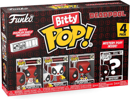 Funko Bitty Pop! Deadpool (Backyard Griller), Deadpool (Clown), Deadpool (Bedtime), and a mystery Bitty Pop! figure - 0.9 Inch (2.2 Cm) Collectable - Stackable Display Shelf Included