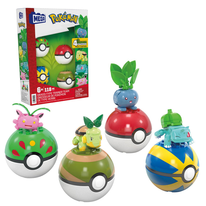MEGA Pokémon Building Toys Set Grass-Type Trainer Team with 118 Pieces, 4 Poseable Character, 2 Inches Tall, for Kids