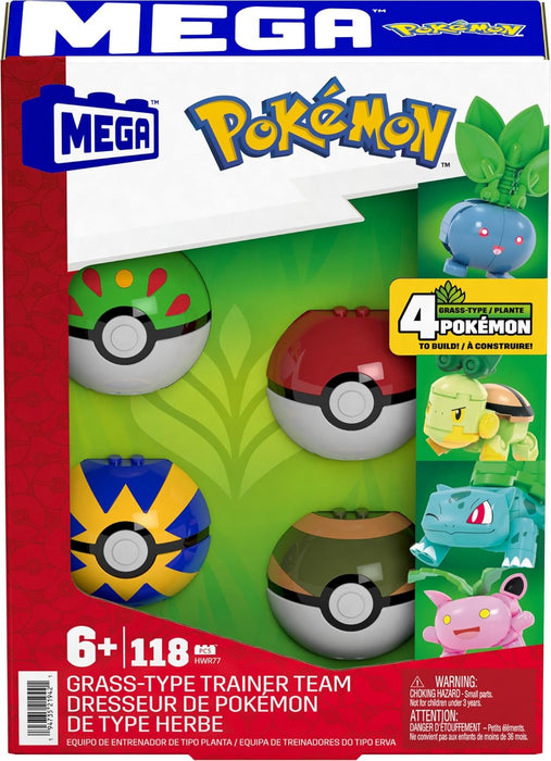 MEGA Pokémon Building Toys Set Grass-Type Trainer Team with 118 Pieces, 4 Poseable Character, 2 Inches Tall, for Kids