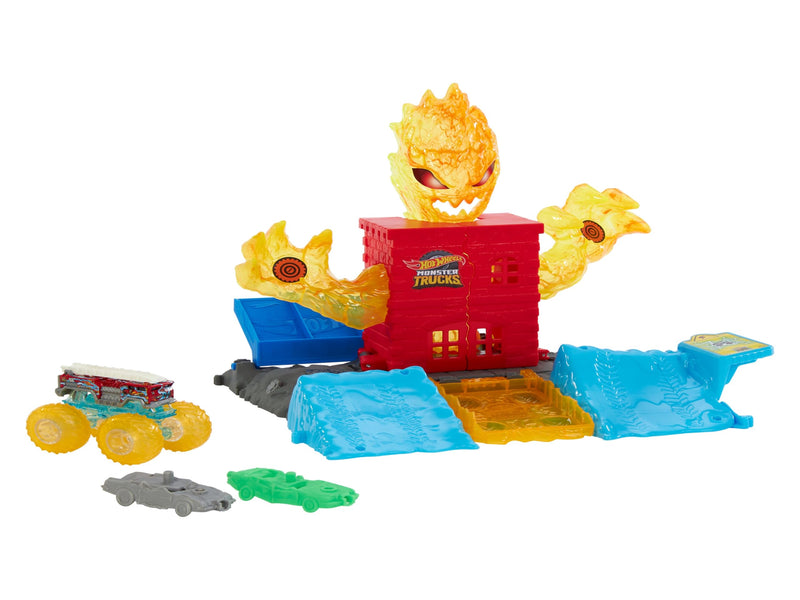 Hot Wheels Monster Trucks Toy Playset, Use the 1:64 Scale 5-Alarm Firetruck to Battle the Fire Monster for a Funny Reveal, Includes 2 Crushed Cars, Power Smashers, HTP39