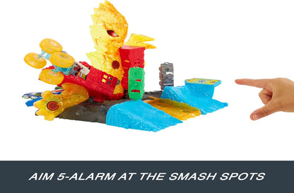 Hot Wheels Monster Trucks Toy Playset, Use the 1:64 Scale 5-Alarm Firetruck to Battle the Fire Monster for a Funny Reveal, Includes 2 Crushed Cars, Power Smashers, HTP39