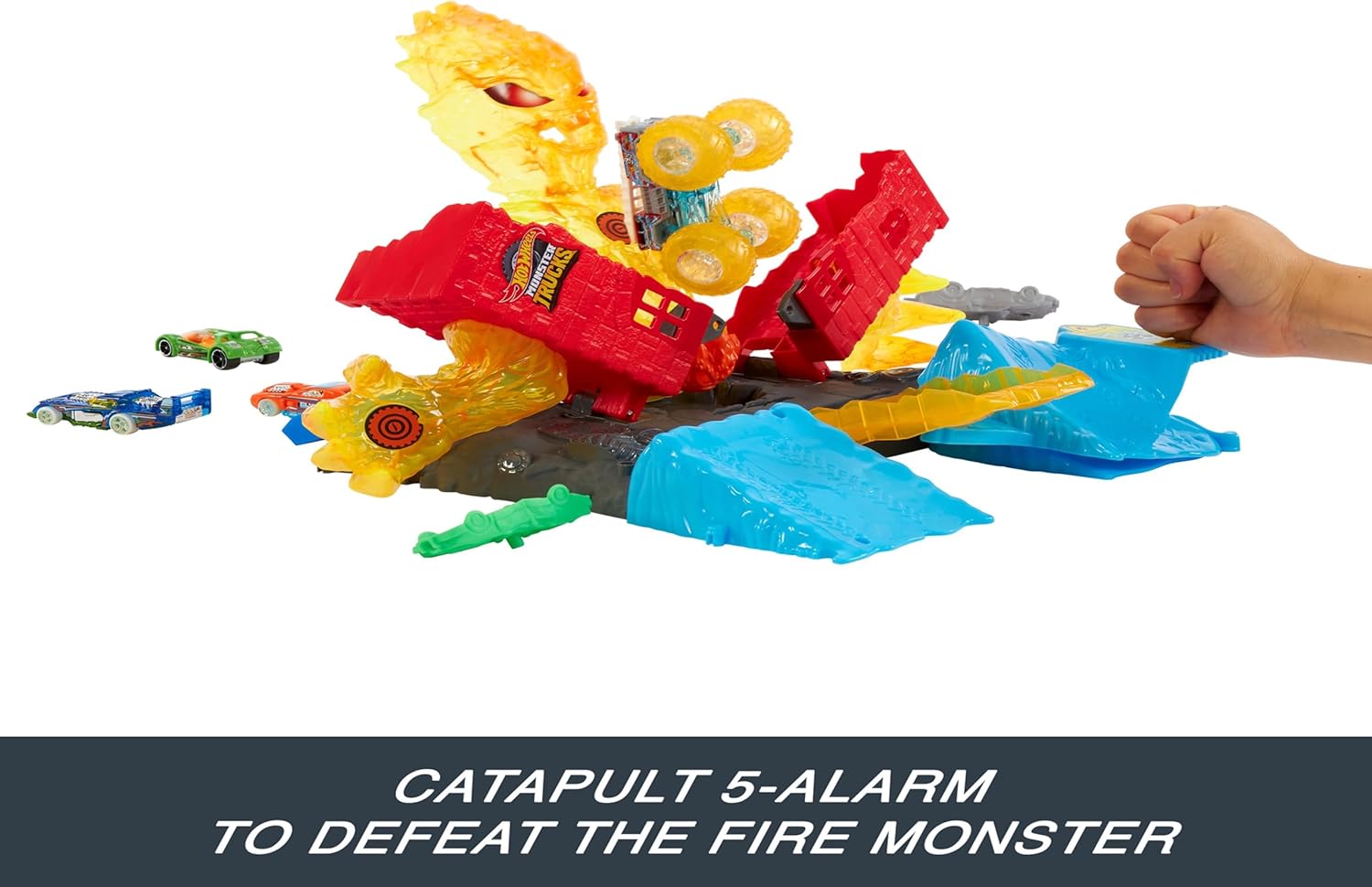 Hot Wheels Monster Trucks Toy Playset, Use the 1:64 Scale 5-Alarm Firetruck to Battle the Fire Monster for a Funny Reveal, Includes 2 Crushed Cars, Power Smashers, HTP39