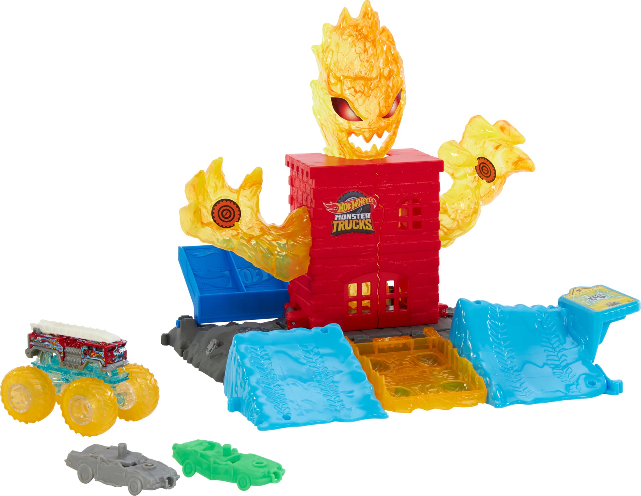 Hot Wheels Monster Trucks Toy Playset, Use the 1:64 Scale 5-Alarm Firetruck to Battle the Fire Monster for a Funny Reveal, Includes 2 Crushed Cars, Power Smashers, HTP39