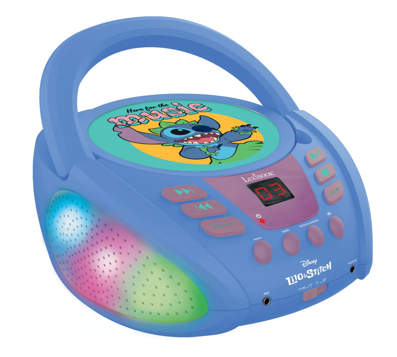 Lexibook Puntada Disney Stitch-Reproductor de CD Bluetooth Portátil, Efectos de luz multicolor, micrófono, Toma auxiliar, Funciona con corriente alterna o con pilas, Niños, color azul, Small (RCD109D)