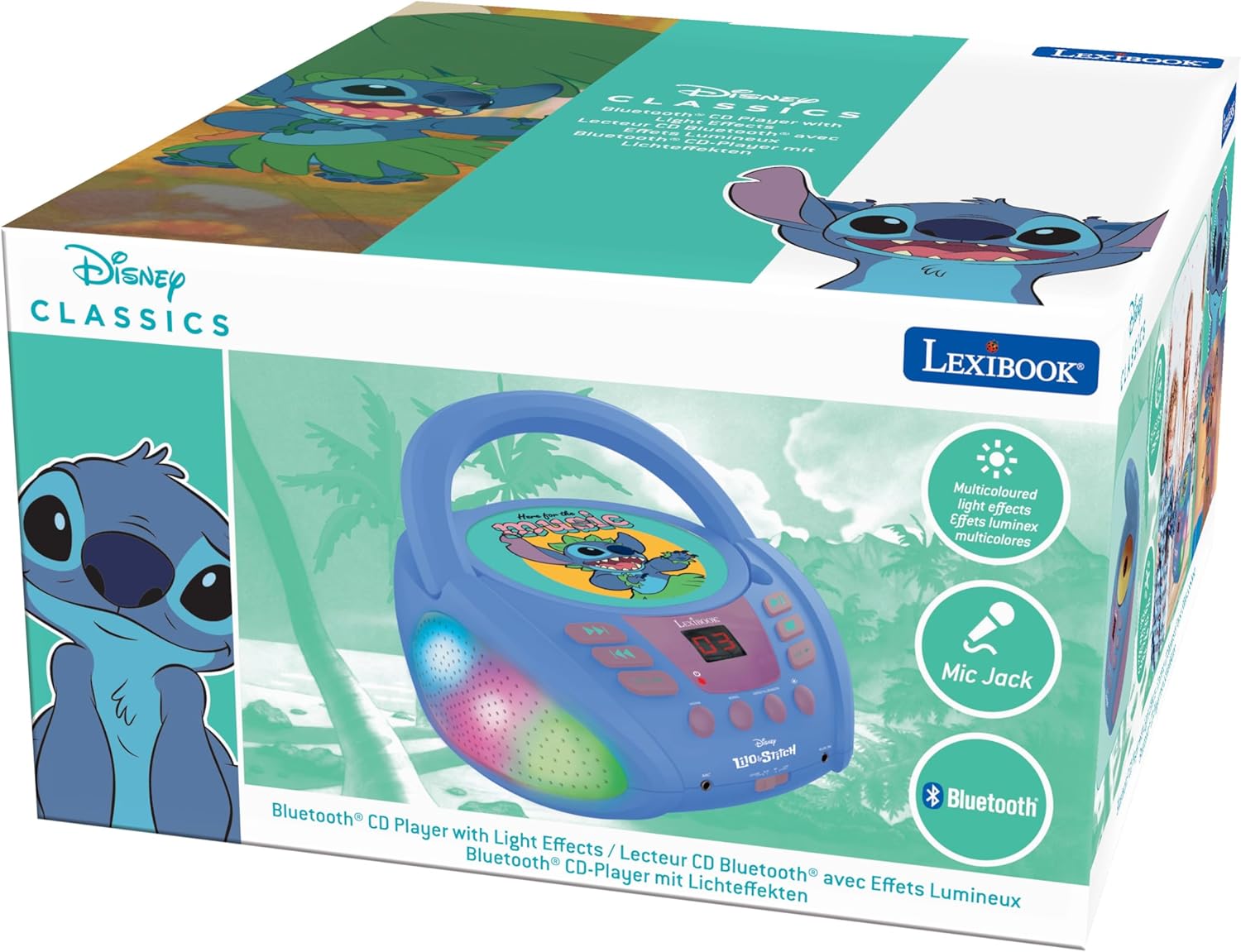 Lexibook Puntada Disney Stitch-Reproductor de CD Bluetooth Portátil, Efectos de luz multicolor, micrófono, Toma auxiliar, Funciona con corriente alterna o con pilas, Niños, color azul, Small (RCD109D)