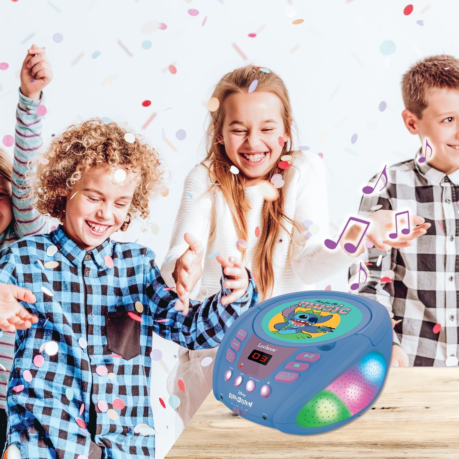 Lexibook Puntada Disney Stitch-Reproductor de CD Bluetooth Portátil, Efectos de luz multicolor, micrófono, Toma auxiliar, Funciona con corriente alterna o con pilas, Niños, color azul, Small (RCD109D)