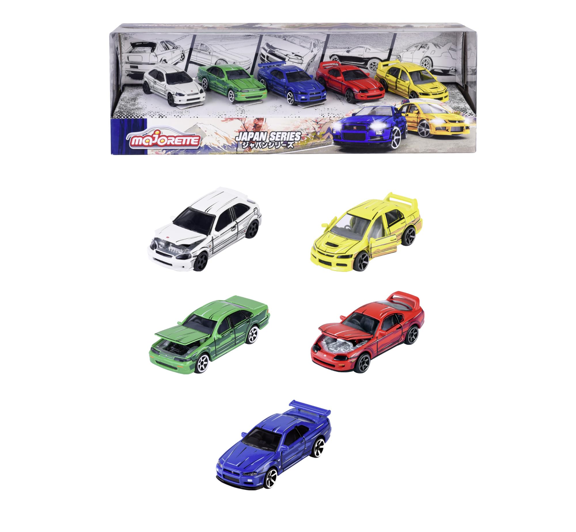 MAJORETTE Serie JAPÓN - GIFTPACK 5 Coches. Maquetas de vehiculos de Juguetes fundidos a presión con Ruedas giratorias y suspensión, tamaño de 7,5 cm, para niños a Partir de 3 años (212051031